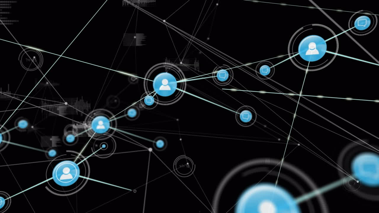 animación de puntos e iconos conectados con líneas, ondas sonoras y base de datos sobre fondo negro.