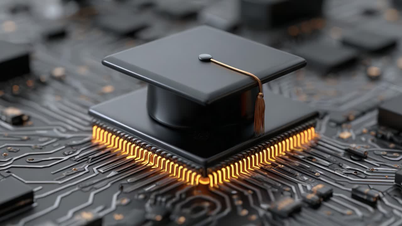 A Creative Fusion of Education and Technology: A Graduation Cap Sitting on a Circuit Board, Symbolizing the Intersection of Learning and Innovation