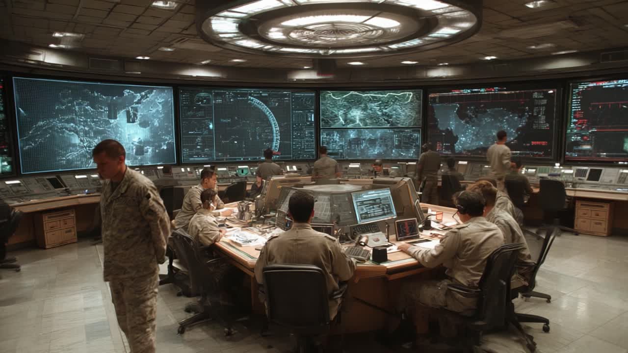 A High-Tech Military Command Center Active in Planning and Monitoring Strategic Operations with Personnel Engaged in Various Tasks and High-Tech Equipment Displaying Maps and Data