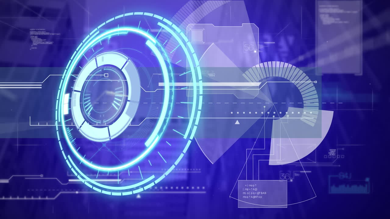 네온 둥근 스캐너와 파란색 배경에 데이터 처리를 가진 디지털 인터페이스