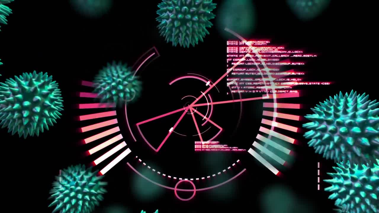 animación digital de células de covid-19 contra escáner redondo y procesamiento de datos en fondo negro