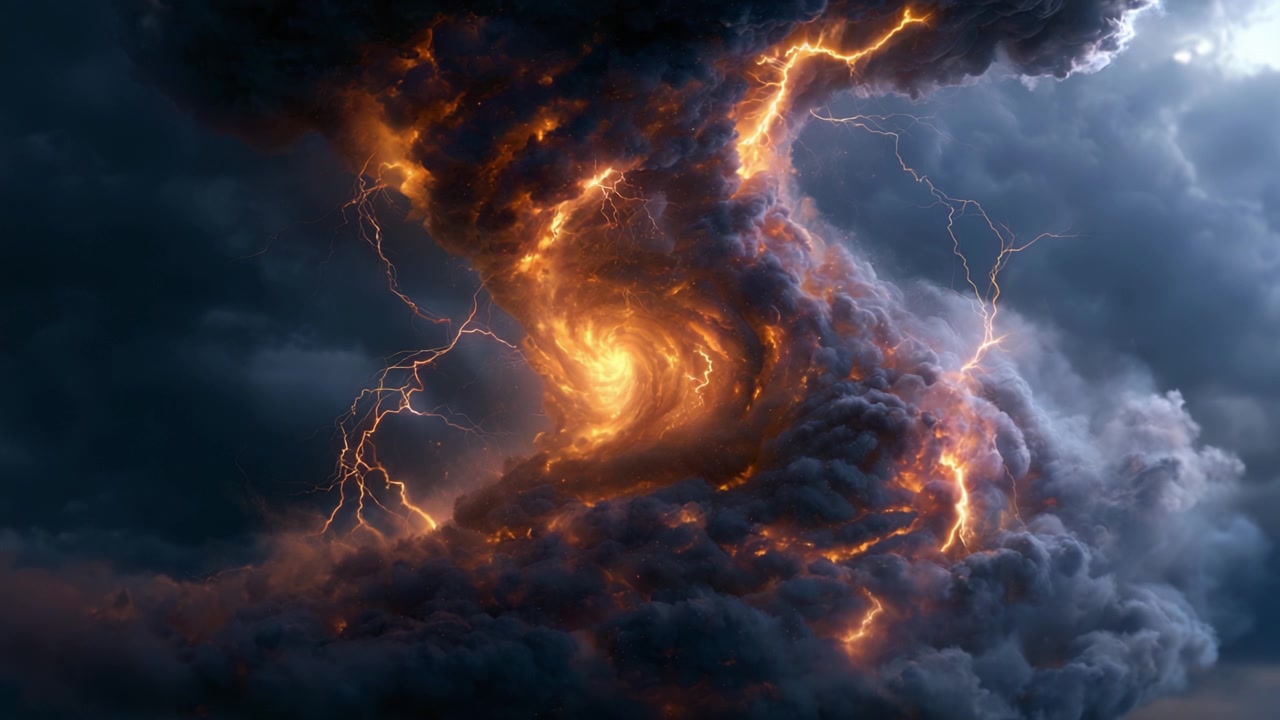 Uno spettacolo mozzafiato e trasformativo del caos della natura, caratterizzato da un vortice elettrizzante e turbinante di nuvole infuocate e fulmini intensi in un cielo tempestoso e oscurato.
