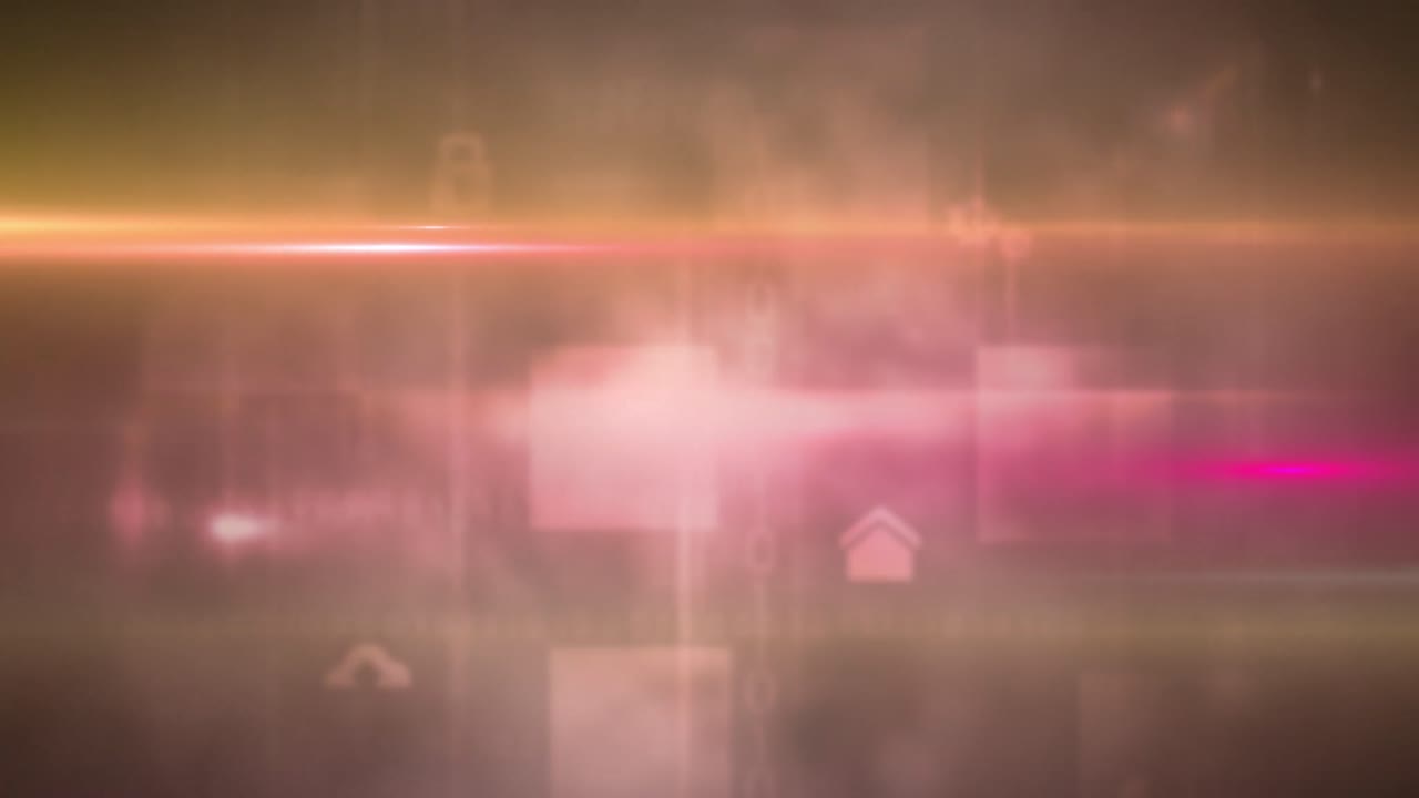 어두운 배경에 사각형 모양과 디지털 아이콘에 대한 다채로운 빛의 트레일