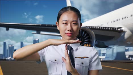 close up of asian woman pilot looking at camera and showing time out hands gesture while standing in airfield with airplane on background