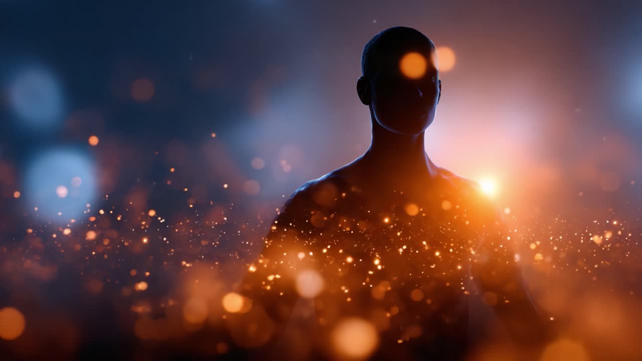 A Silhouette of a Human Figure Surrounded by Glowing Particles in a Dreamlike, Ethereal Atmosphere with Captivating Light Effects and Mystical Backgrounds