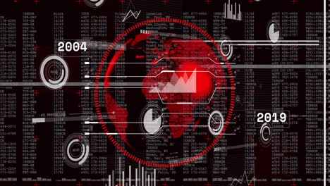 financial data and stock market trends animation over red globe and charts