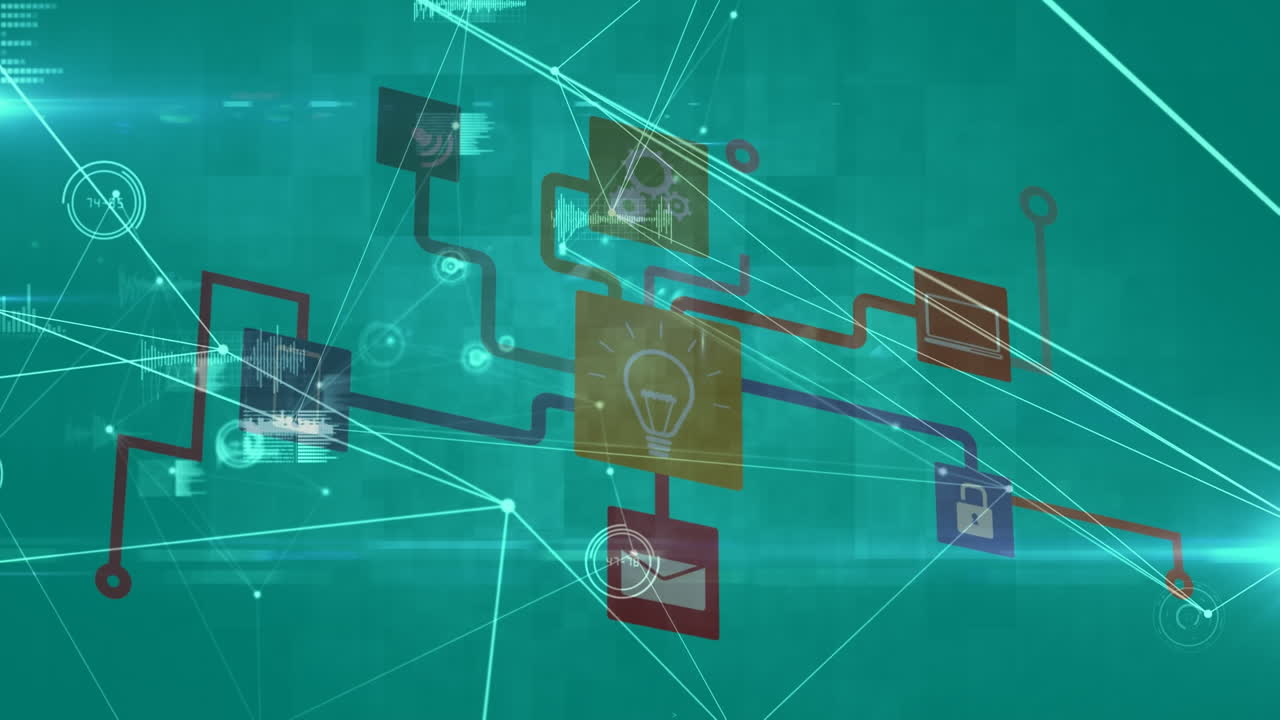 파란색 배경에 빛나는 연결 네트워크와 디지털 아이콘의 디지털 애니메이션