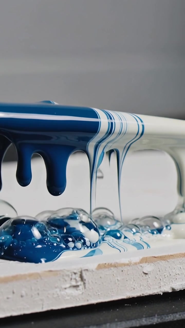 Video verticale: Pittura blu e bianca che scorre su un pannello preparato in studio, la gravità forma bolle.