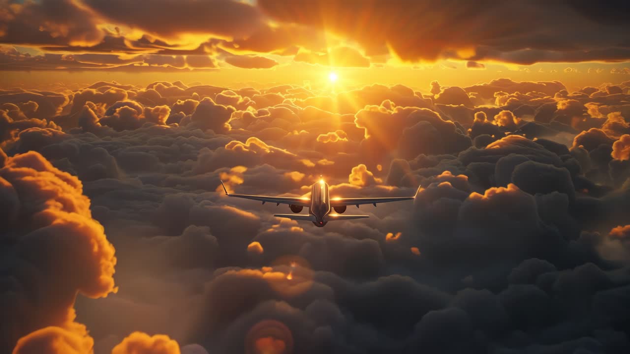 Ripresa aerea di un video di un aereo che vola tra le nuvole di un tramonto vivido, catturando un'atmosfera drammatica e serena