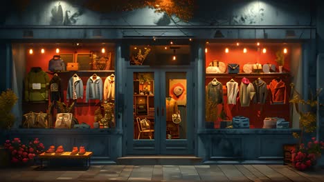 a brightly lit clothing store window at night