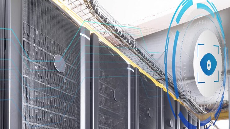 Animation of data processing with eye icon over server room