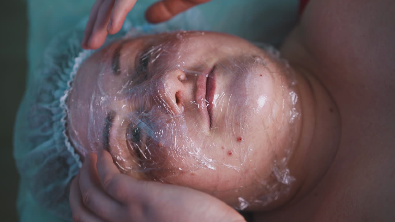 폴리 마스크 를 착용 한 플러스 사이즈 여성 이 손가락 으로 얼굴 을 만진다