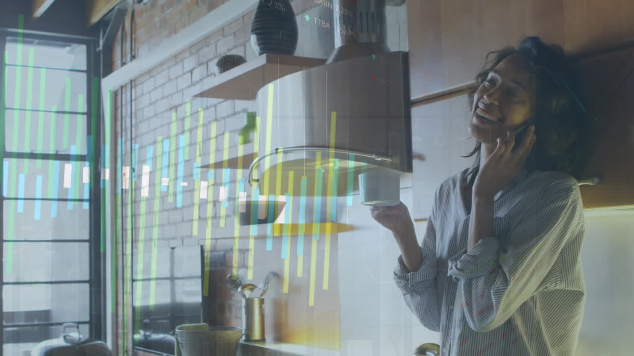 Animation of data processing over african american woman using smartphone