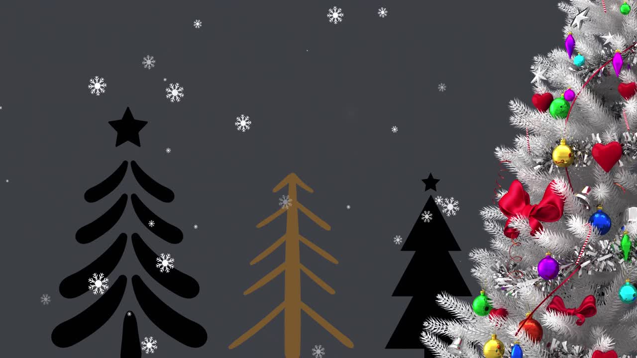 animación de nieve cayendo sobre árboles de navidad y decoraciones