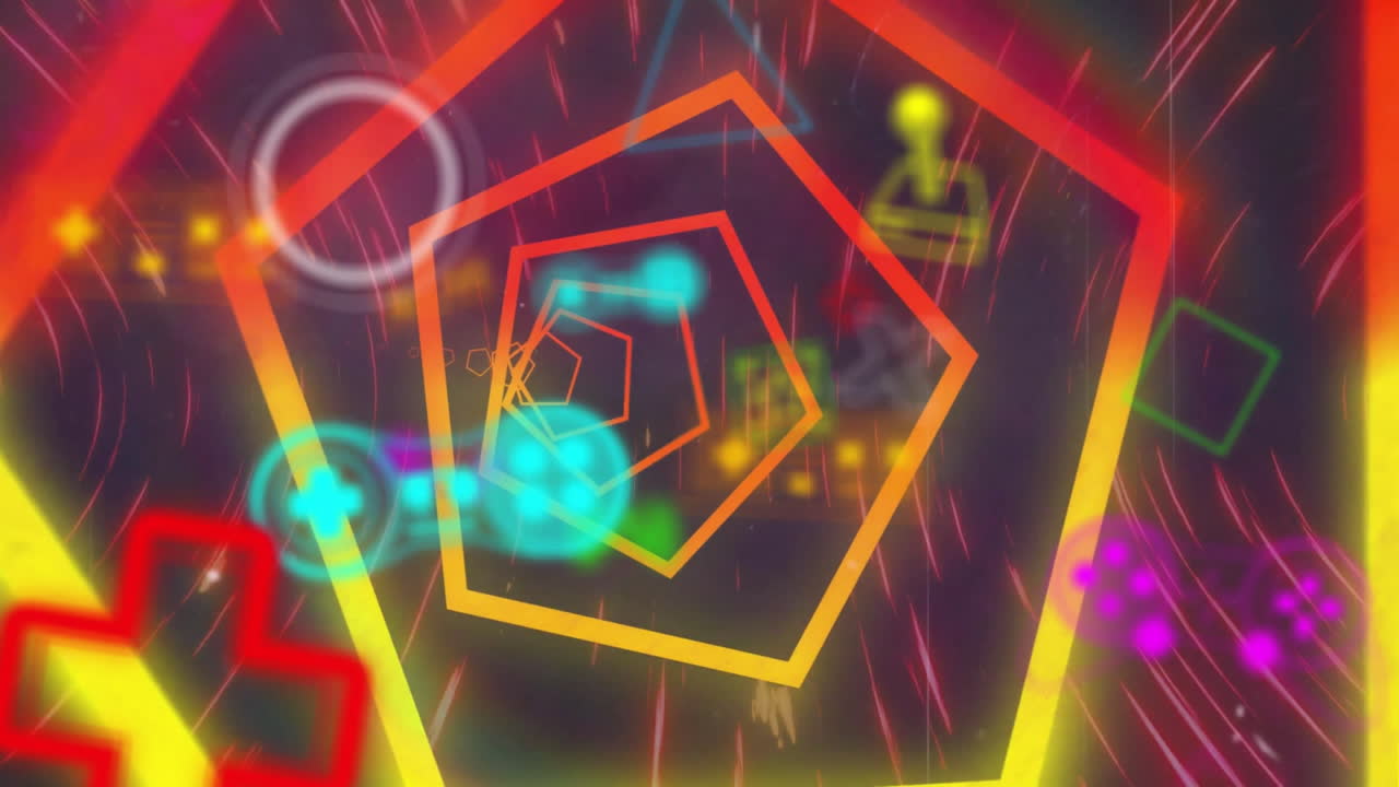 animación de iconos de videojuegos sobre el fondo de patrón de neón