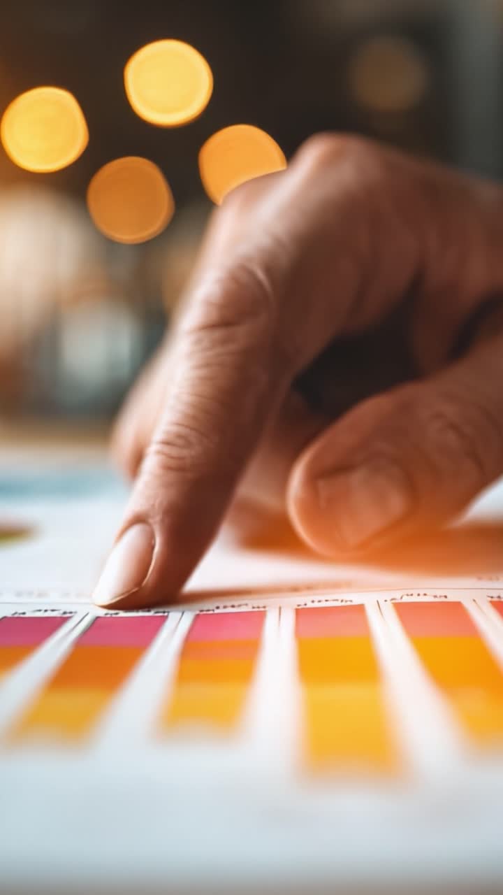 Esplorando una tavolozza vibrante: un primo piano di una mano che seleziona colori da una cartella stampata, illuminata da calde luci ambientali sullo sfondo.