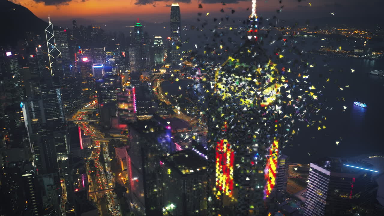 vista aérea del edificio de la plaza central de gran altura en la ciudad de hong kong con gráfico de movimiento de transformación de metaverso digital al atardecer - efecto de píxel explotado de píxel futurista