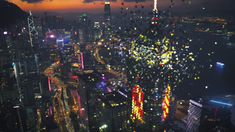 aerial view of high-rise central plaza building in hong kong city with digital metaverse transformation motion graphic at sunset - futuristic pixel exploded pixel effect