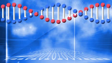 Estructura-De-Adn-Girando-Contra-El-Procesamiento-De-Datos-De-Codificación-Binaria-Sobre-Fondo-Azul