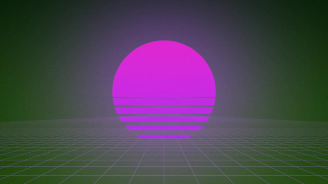 Retro Synthwave Style Purple Sun Over Green Grid Landscape