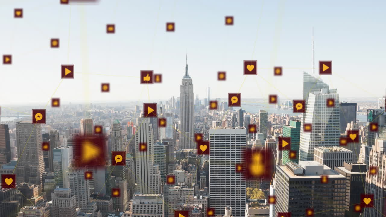 디지털 아이콘의 네트워크의 애니메이션 도시 풍경의 공중 뷰에 대하여