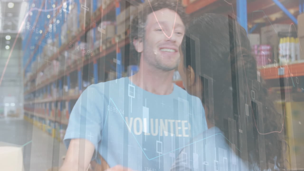 창고에서 포옹하는 사람들에 대한 데이터 처리 애니메이션