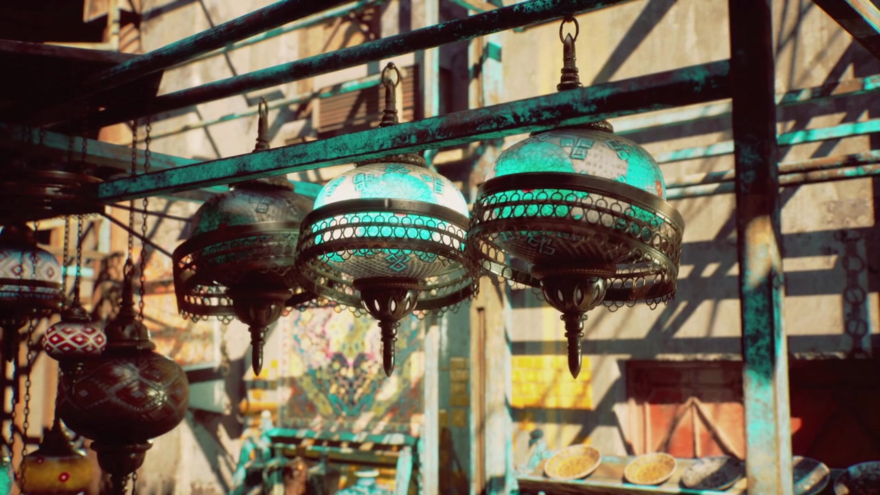 Decorative lanterns and intricate crafts create exotic shopping atmosphere