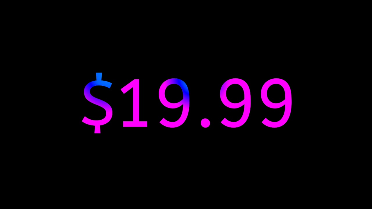 Modern Neon Fiyat Etiketi $19.99 Animasyon Parlayan Gradyan Para Birimi Metni Siyah Arka Plan Üzerinde Hareketli Grafikler, Döngülenebilir iş konsepti