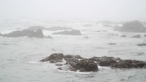 mystical scenery of rocky coastline on grey and misty day, slow motion