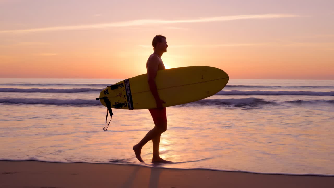 Man walking on the beach with a surfboard at sunset