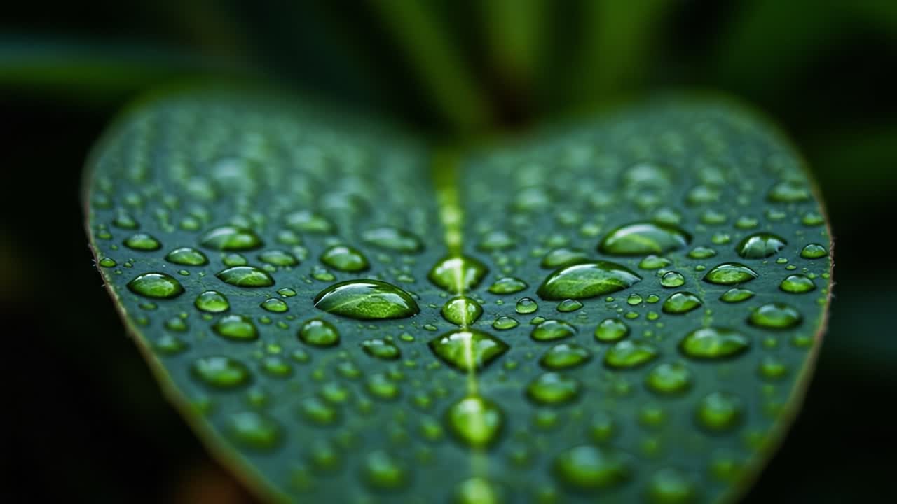 Close-up of a Green Leaf Drenched in Raindrops, Showcasing Nature's Beauty and the Intricacies of Water on Plant Surfaces
