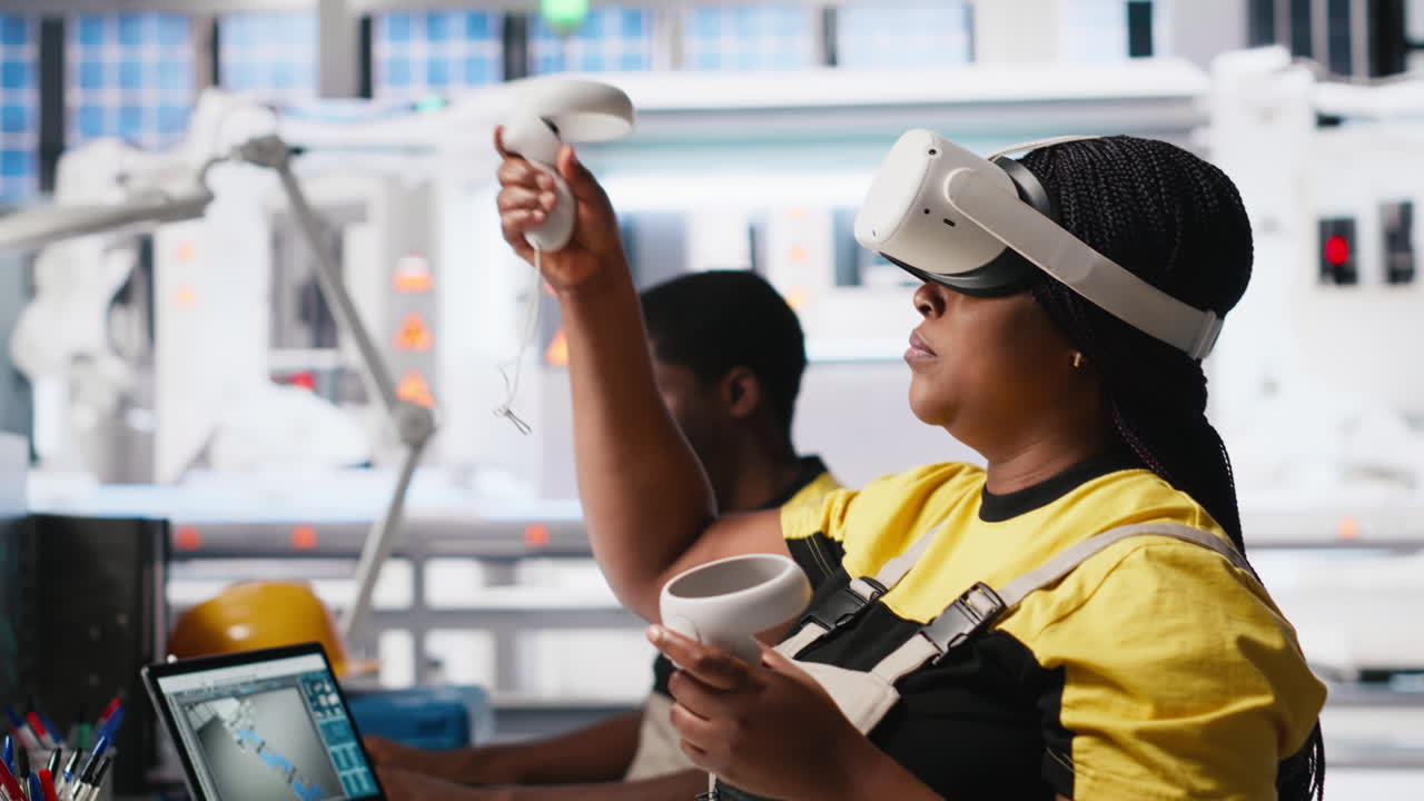 Vertical Video Photovoltaics factory engineer using VR tech to build models