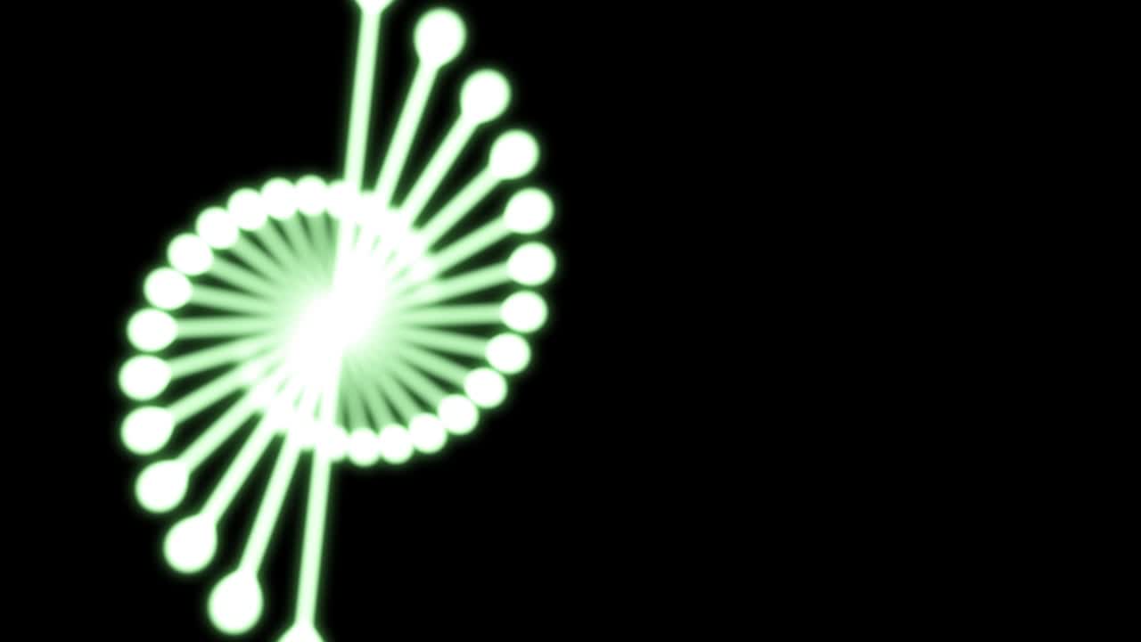 3D animation of shimmering DNA on a black background. 60FPS. Over look. The subject is on the left.
