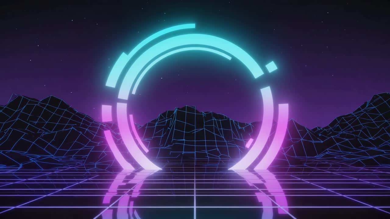 Retro-futuristic Neon Landscape with Wireframe Mountains and Glowing Ring
