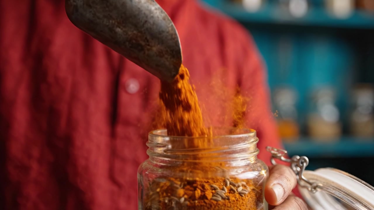 Artigiano che dosa le spezie in un barattolo, evidenziando le ricche consistenze e gli ingredienti colorati delle tecniche di cucina tradizionali