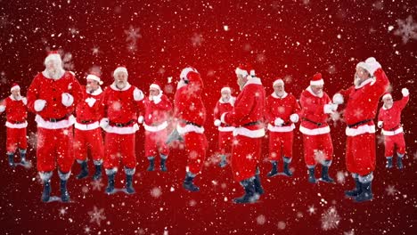Snow-flakes-falling-over-multiple-santa-claus-dancing-against-red-background
