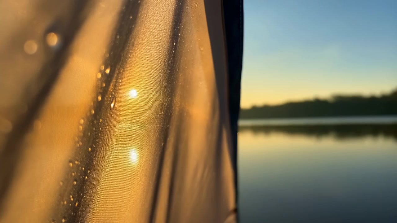 Close eye-level view shows translucent fabric panel in foreground beside quiet lakeshore, with woven texture, stitched hem, scattered droplets, low sun near horizon, and gentle color shift from blue