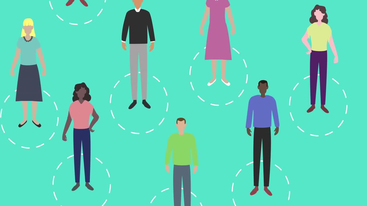 녹색 배경에  ⁇ 색 원이 있는 한 무리의 사람들의 애니메이션입니다.