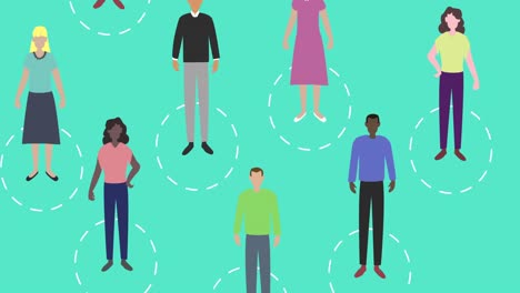 animation of a group of people with white circles around them on green background.