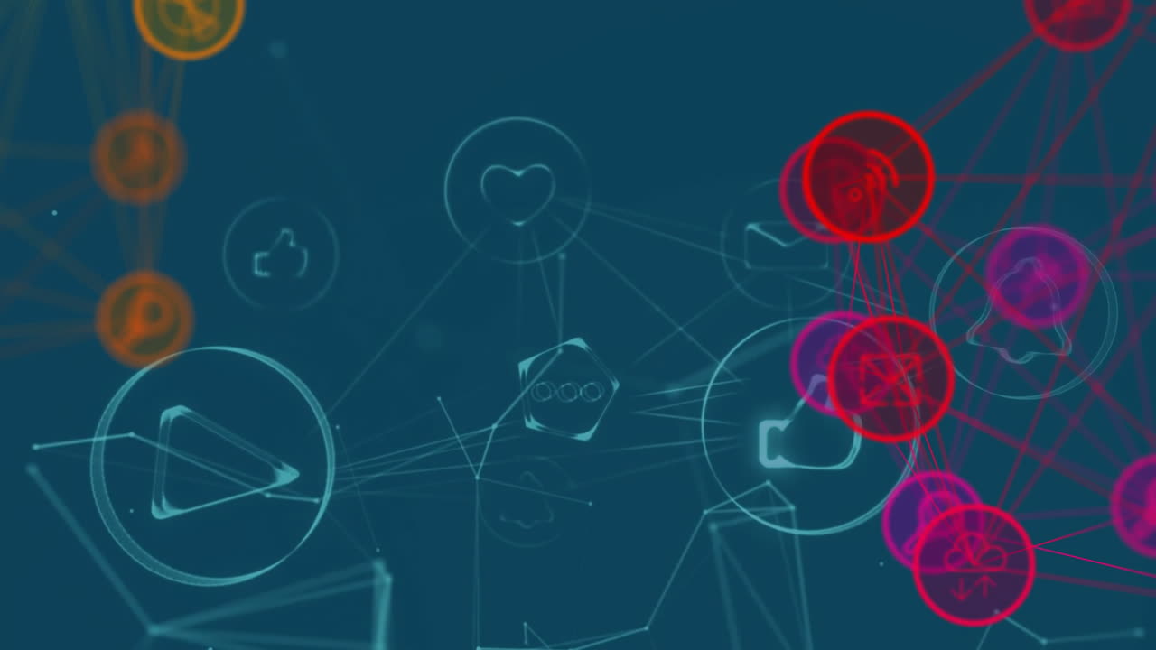 Animation of network of connections with icons over blue background