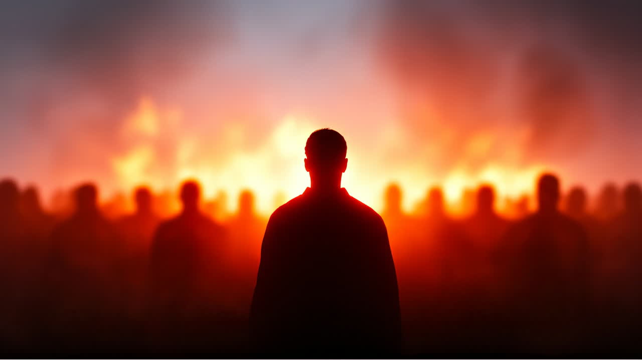 Crowd in silhouette against vibrant fire. A dark figure stands before a crowd, all outlined by a bright, fiery backdrop at dusk, creating an intense atmosphere