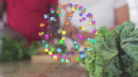 Globe-of-digital-icons-against-african-american-senior-couple-chopping-vegetables-in-the-kitchen