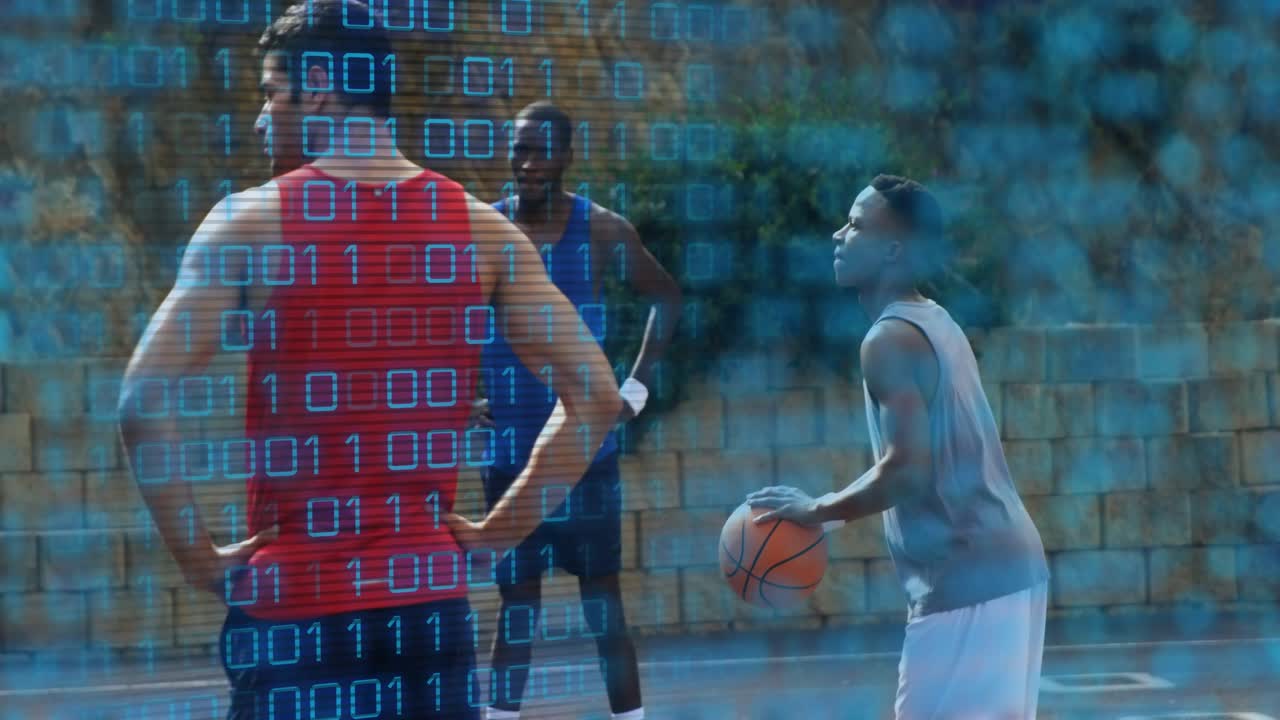 After bounce shooter rising and shooting jump shot with binary overlay emphasizing sports action