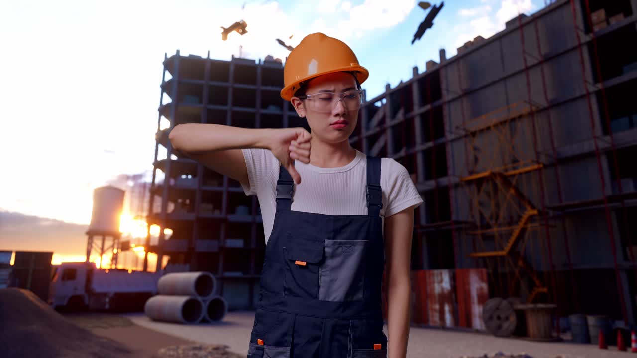 trabajadora asiática con gafas de protección y casco de seguridad mostrando los pulgares hacia abajo gestando hacia la cámara mientras está de pie en el sitio de construcción