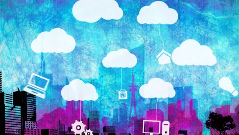 Animation-of-clouds-and-online-digital-icons-over-cityscape