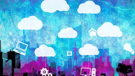 animación de nubes e iconos digitales en línea sobre el paisaje urbano