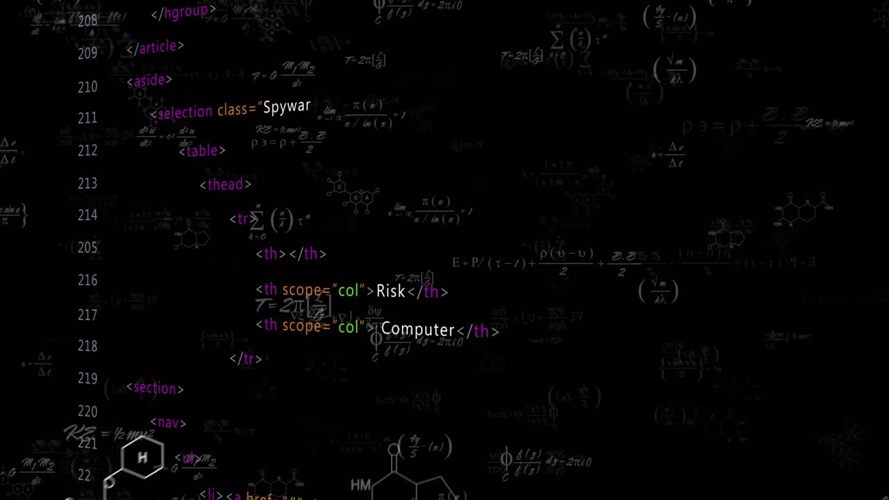 Animation of computer code, chemical formulas, and math equations on dark background