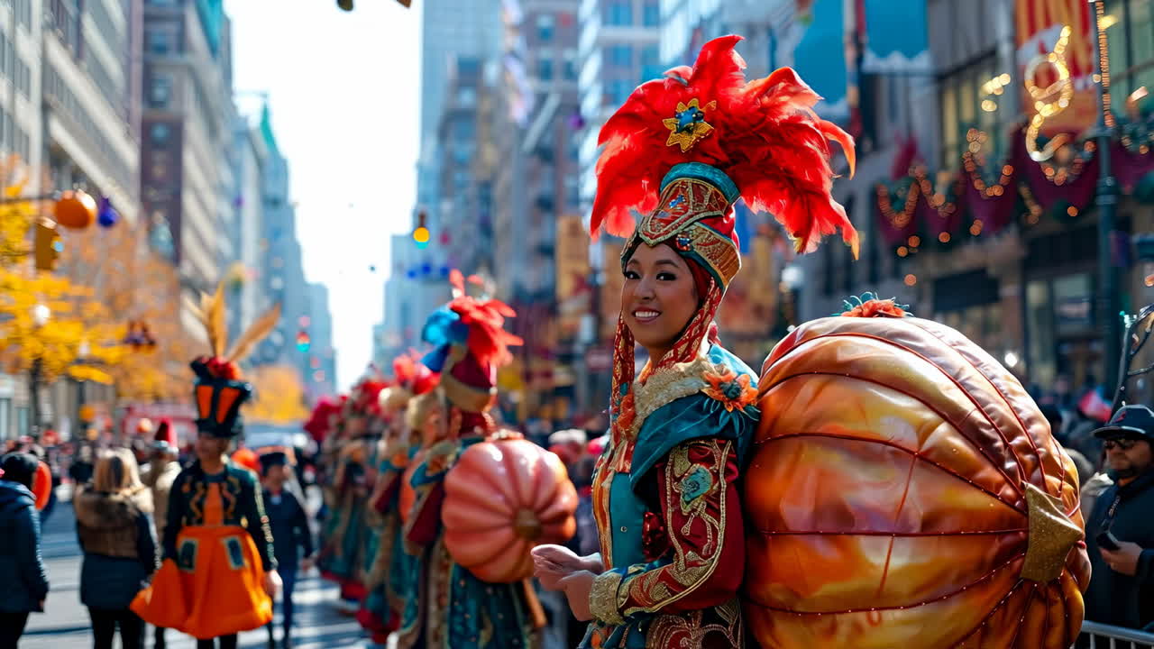 Colorful street parade with performers. Performers in vibrant costumes parade through a city street with festive decorations. The crowd enjoys the lively celebration full of colors and joy