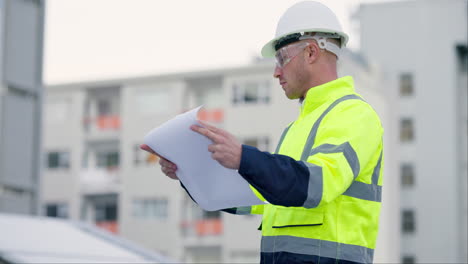 Engineer,-blueprint-and-man-with-paper-for-city