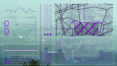 animación de la interfaz con el procesamiento de datos frente a una vista aérea del paisaje urbano